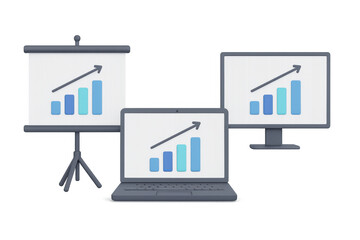 Growth analysis presentation on digital devices with rising graph icons