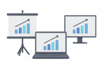 Growth analysis presentation on digital devices with rising graph icons