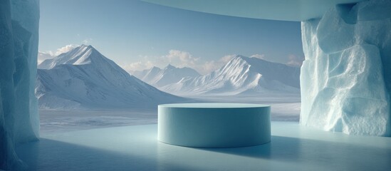 Cyan cylinder display stage in icy arctic cave overlooking mountains