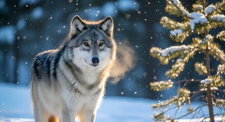 Naklejka premium Wolf in Winter Wonderland - A Majestic Creature in a Snowy Landscape.