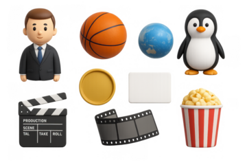 3d style icons: businessman, basketball, earth, penguin, film, popcorn