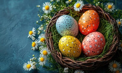 Easter eggs in a nest surrounded by daisies