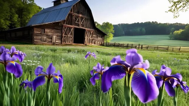 Rustic wooden barn on a farm with a vibrant foreground of purple irises and a green pasture beyond.