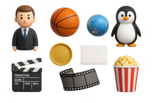 3d style icons: businessman, basketball, earth, penguin, film, popcorn