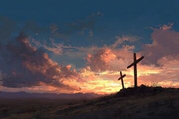 Obraz premium Easter Symbolism: Cross in a Desert Landscape Against a Majestic Sunset