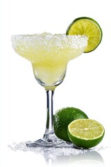 Fototapeta premium Refreshing Margarita on White Surface with Lime Garnish and Salty Rim - An Inviting Cocktail Experience