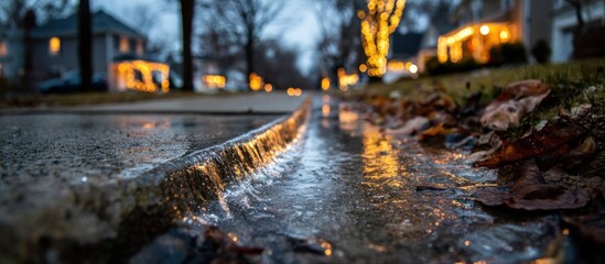 Flooded street, water reflecting lights from houses on a dreary day