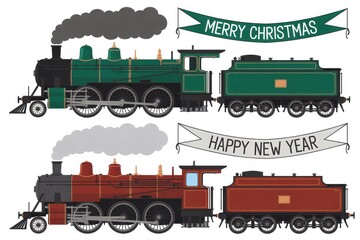 Two festive trains with holiday banners wishing merry christmas and happy new year to everyone