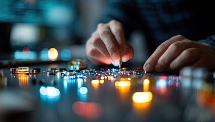 Person Working on Circuit Board at Night.