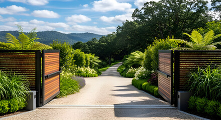 Elegant Driveway Entrance to Lush Garden Estate.