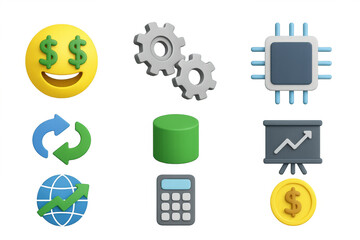 3d business and technology icons set featuring symbols of finance and innovation