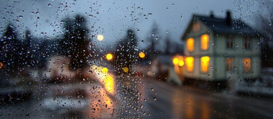 Rainy day view through a window with a house and streetlights blurred