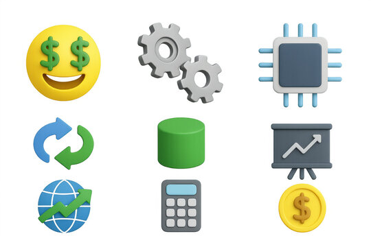 3d business and technology icons set featuring symbols of finance and innovation