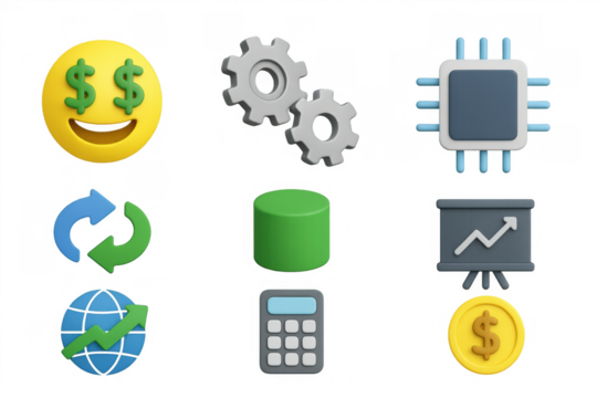 3d business and technology icons set featuring symbols of finance and innovation