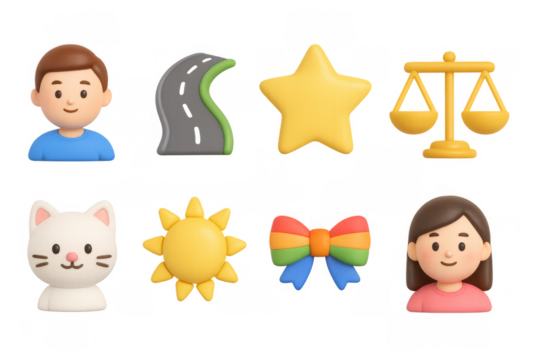 Cute 3d icons: people, nature, and objects in pastel tones