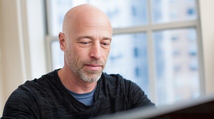 Fototapeta premium Concentrated Male Worker at Clean Desk, Upper Body View with Intense Expression, Subtle Left Window Light