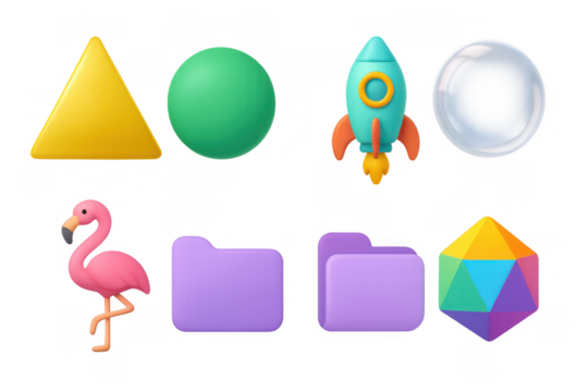 Colorful 3d icons collection: geometric shapes, rocket, flamingo, and folders