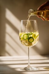 jalapeno infused wine cocktail being poured in glass unique spicy drink branding concept for bar restaurant beverage lifestyle marketing