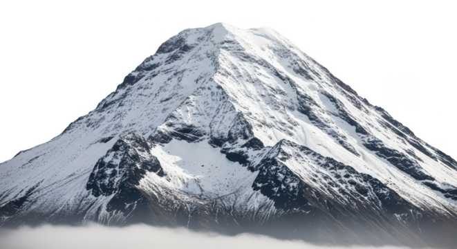 Snowy mountain peak above the clouds on transparent background