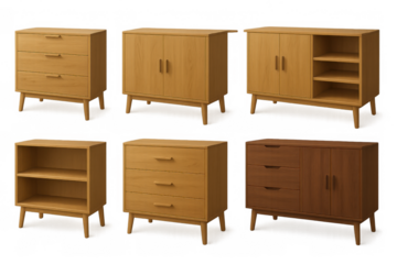 Modern wooden furniture set with cabinets and drawers in minimalist style