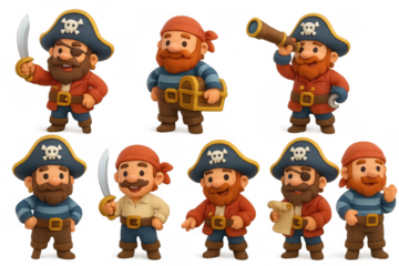 Colorful pirate characters in claymation style poses with accessories