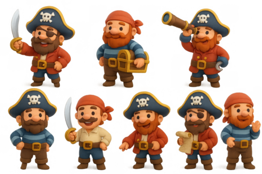 Colorful pirate characters in claymation style poses with accessories