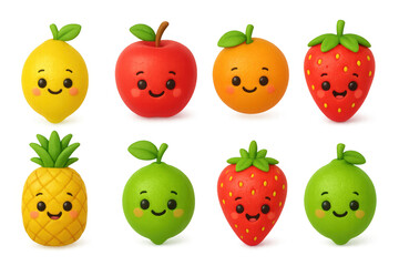 Cute kawaii fruits with smiling faces in 3d style for kids' designs