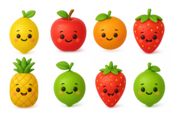 Cute kawaii fruits with smiling faces in 3d style for kids' designs
