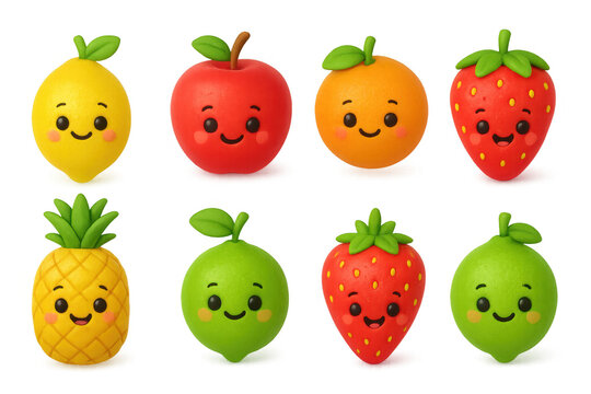 Cute kawaii fruits with smiling faces in 3d style for kids' designs