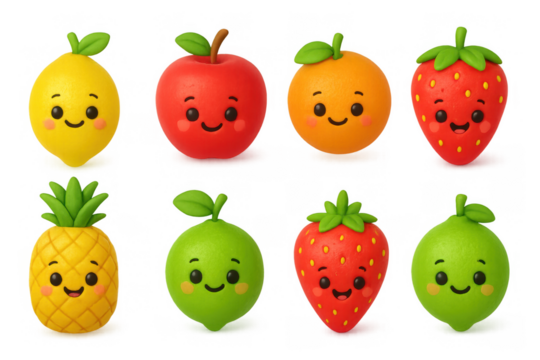 Cute kawaii fruits with smiling faces in 3d style for kids' designs