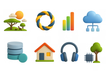 Colorful 3d icon set featuring nature, technology, and home elements