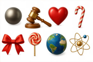 Realistic 3d icons of gavel, heart, earth, and more holiday symbols