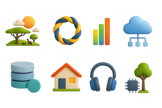 Colorful 3d icon set featuring nature, technology, and home elements - Powered by Adobe