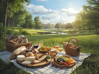 Outdoor picnic on wooden blanket