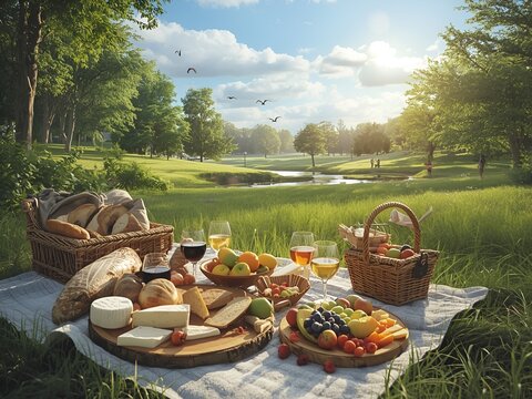 Outdoor picnic on wooden blanket