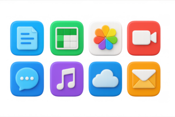 Colorful 3d app icon set featuring cloud, music, and chat symbols