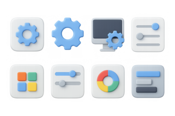 Modern 3d ui icons set featuring technology and settings elements