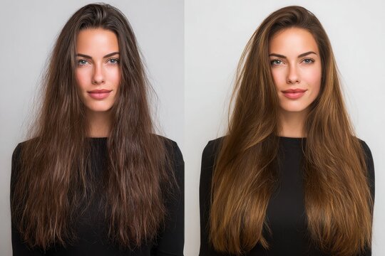 young woman portrait with long brown hair before and after treatment left side frizzy and dry right side smooth and shiny concept of haircare beauty cosmetic wellness marketing