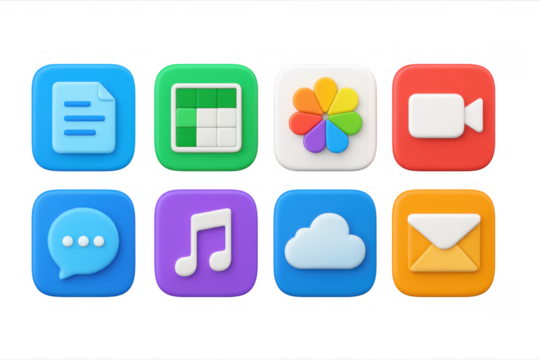 Colorful 3d app icon set featuring cloud, music, and chat symbols