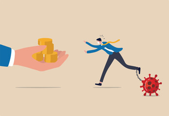 Business help, government economic stimulus package in COVID-19 Coronavirus financial crisis concept, businessman with protective mask chain with virus pathogen running to get money from helping hand.
