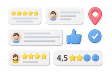 3d user interface elements with ratings, reviews, and icons