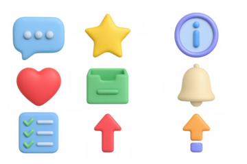 Colorful 3d icon set featuring notifications, favorites, and information symbols