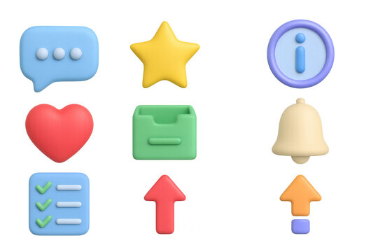 Colorful 3d icon set featuring notifications, favorites, and information symbols