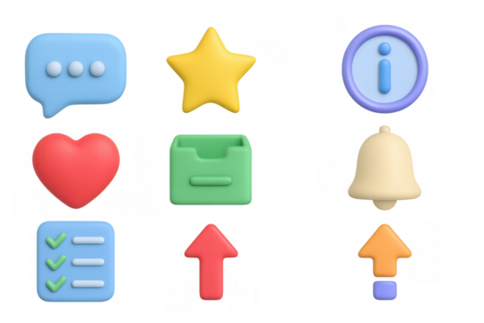 Colorful 3d icon set featuring notifications, favorites, and information symbols