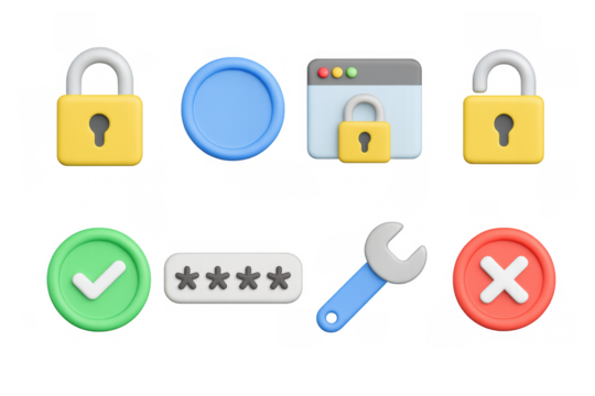 Secure digital icons featuring locks, passwords, and authentication tools in 3d design