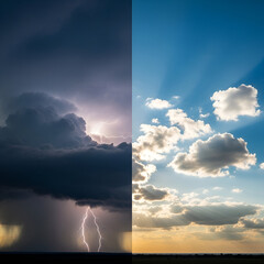 Dramatic Weather Contrast - Lightning Storm vs. Sunny Sky.