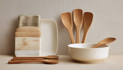 Wooden Utensils and Ceramic Dishes on a Light Background.