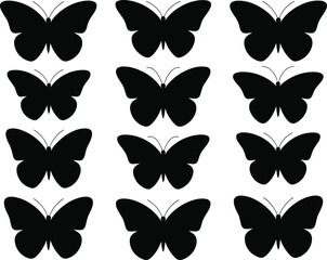 Silhouettes of butterflies in grid layout, vector illustration set, black icons, insect shapes, nature design, pattern recognition elements