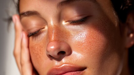 Fototapeta premium A Serene Portrait of a Young Woman with Freckles and Natural Glow Embracing Soft Light and Texture in a Calm Setting