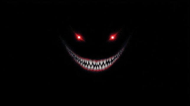 A Sinister Grin: The Eerie Allure of a Darkness-Embracing Entity with Glaring Red Eyes and a Frighteningly Sharp Smile